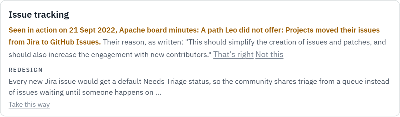 The card after the 2022 minutes were played back: a path Leo did not offer, with the projects' reason in their own words.