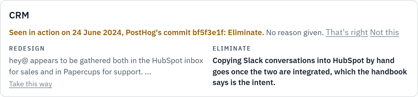 The card after PostHog's commit was played back: the eliminate way, seen in action on 24 June 2024.