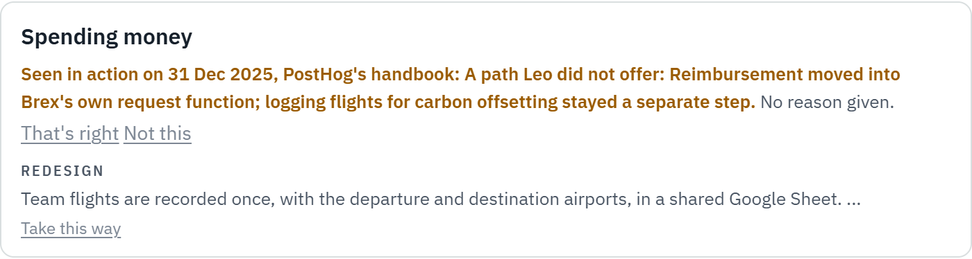 The card after the record was played back: a path Leo did not offer, reimbursement moved into the card tool.
