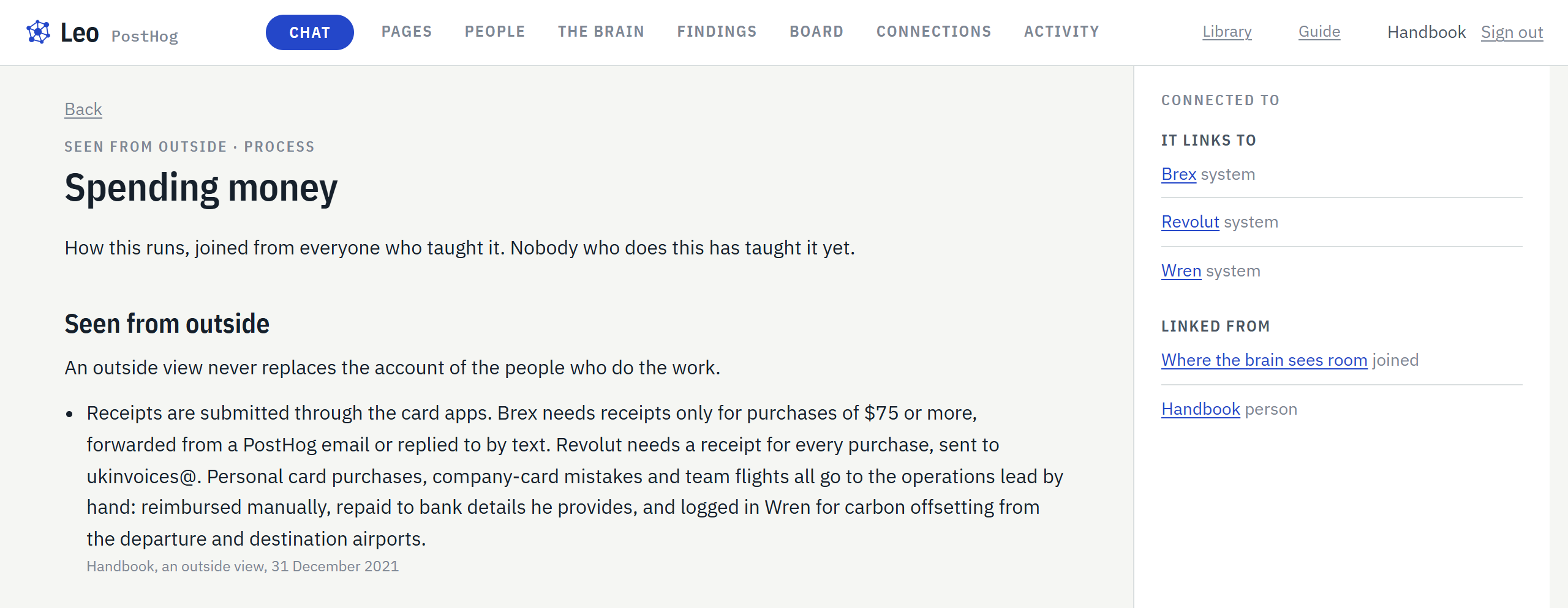 Leo's page for spending money, joined from the card rules, reimbursement and the offsetting log.