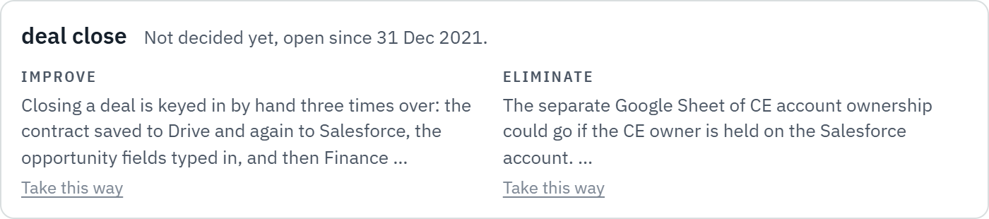 The card for closing a deal: improve and eliminate, side by side, not decided.