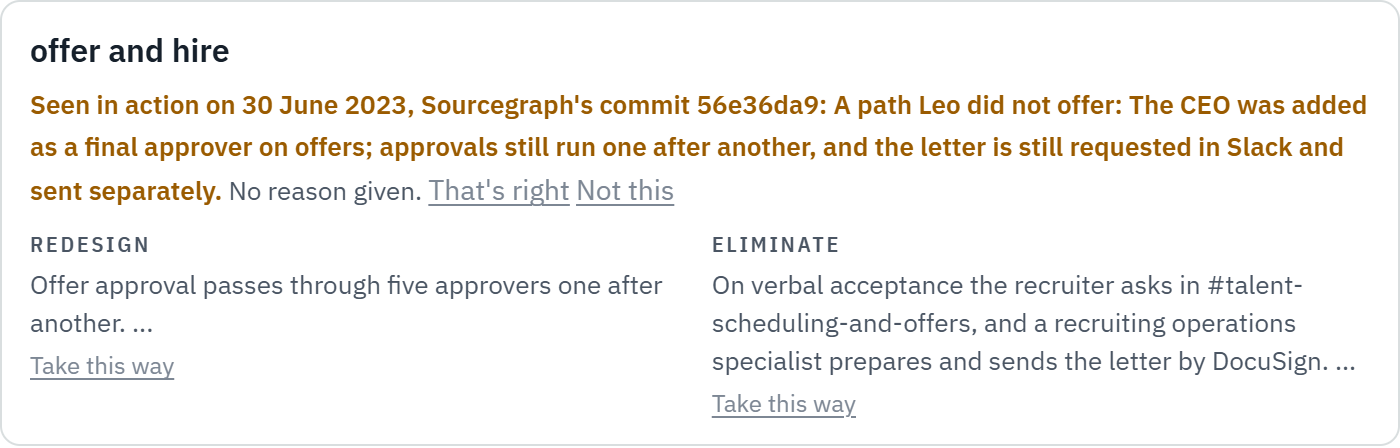 The card after Sourcegraph's commit was played back: a path Leo did not offer, the CEO added as a final approver.