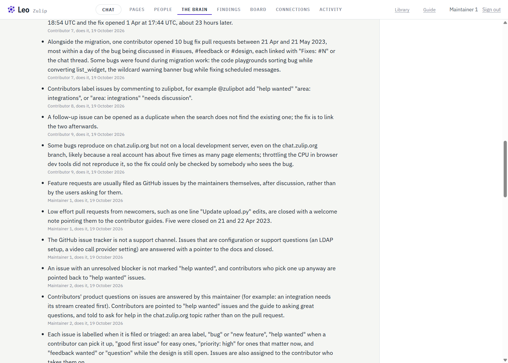 Leo's page for issue triage, joined from 17 people's chat and GitHub, with where each line came from.